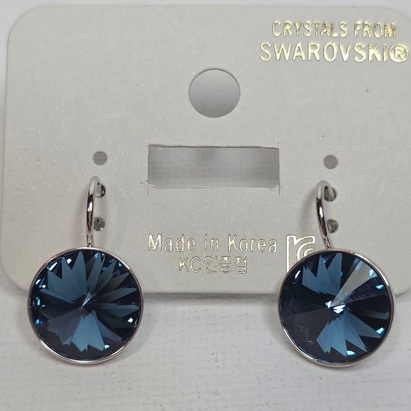 NEW Swarovski Montana Blue Round 13mm Leverback Drop Earrings Platinum Plated 6